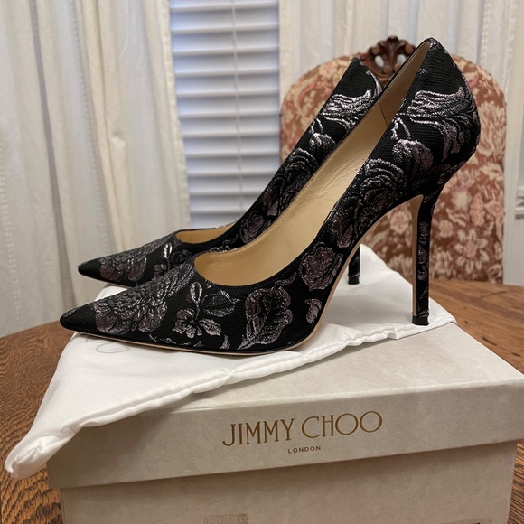 Worn once - Jimmy Choo Love 100 mm Heels Brocade in Black/Steel- Size 38 - Picture 7 of 10